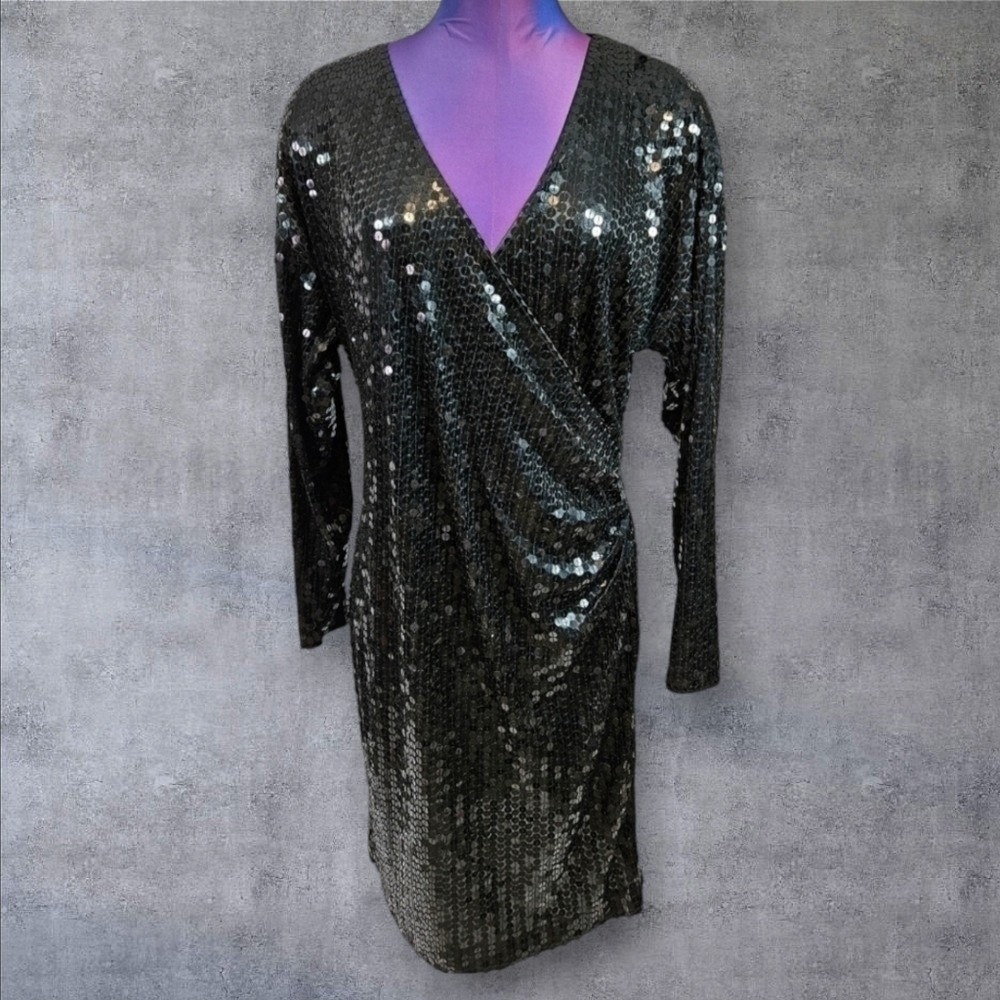 Vintage Oleg Cassini Black Silk & Sequin Faux Wrap Long Sleeve Dress Size 12